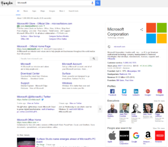Website page shows google search results for Microsoft. List of Microsoft websites and a description of Microsoft on the right hand side.